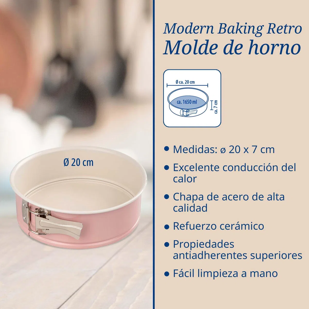 Dr. Oetker Molde de Horno Desmontable Ø 20 cm con Base Plana, Modern Baking Retro Design, Revestimiento Antiadherente Premium Bicolor Reforzado con Cerámica, Color: Rosa/Crema), 1 ud.