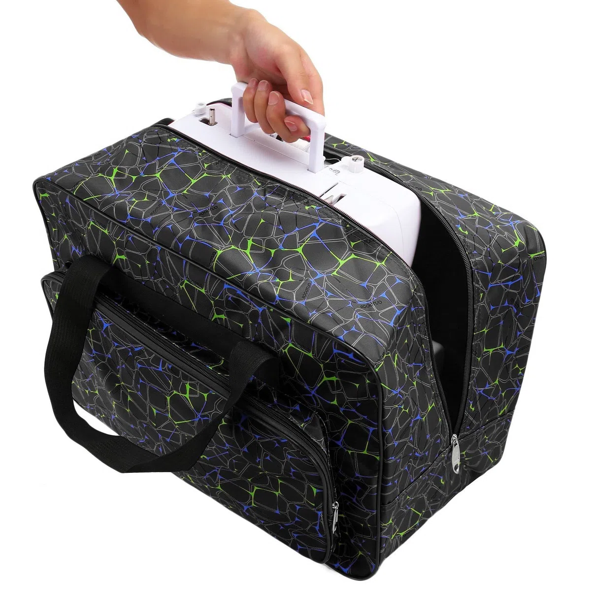 Bolsa de lona impermeable para máquina de coser de gran capacidad, almacenamiento acolchado portátil con bolsillos y asa, para viaje, negro