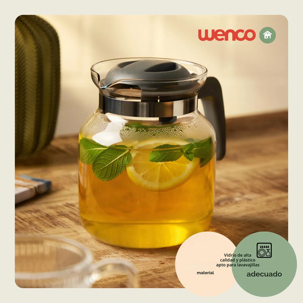 wenco Jarra de cristal de 1,25 l, ideal para té, café y bebidas frías, resistente al calor, con tapa y boquilla de apertura, apta para lavavajillas e irrompible, transparente/gris