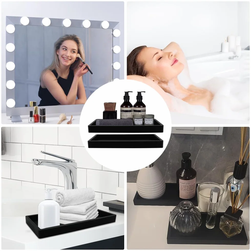 2 Pcs Bandejas de Baño, Bandeja Rectangular Negra,Bandeja Baño, Bandeja Almacenamiento Baño para Tocador,Fregadero de Cocina Y Bandeja de Silicona para Baño