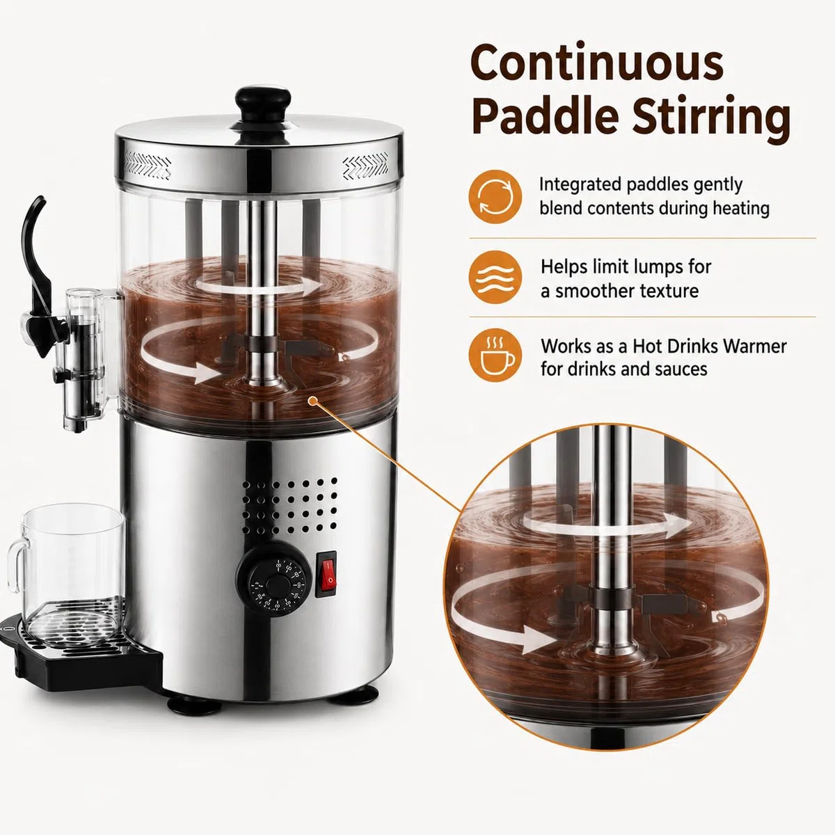 Dispensador Comercial de Chocolate Caliente, Duales Termostatos, Paletas
