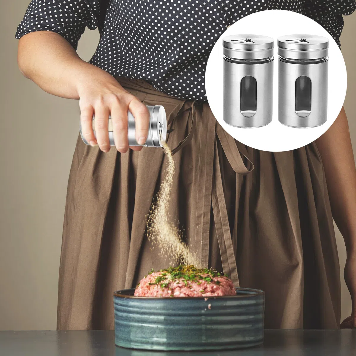 Juego de 2 saleros y pimenteros con agujeros de vertido ajustables con tapa de acero inoxidable, dispensador de especias de acero inoxidable, ideal para Himalaya rosa, sal de mesa, pimienta negra y
