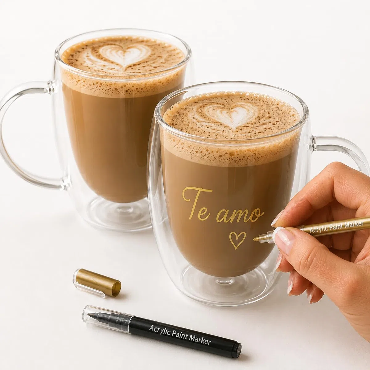 Tazas de Café de Cristal, 2x350ml, Vasos de Doble Pared con Asa,Tazas de Vidrio Borosilicato para Té, Café, Leche, Latte, Macchiato