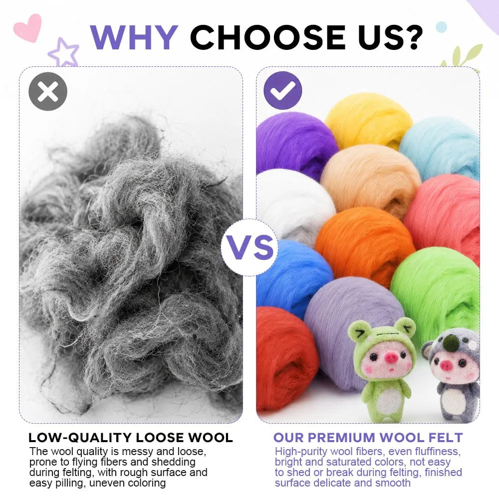 36 Colores Fieltro de Lana para Manualidades 108 G,Lana Cardada Natural, Kit de Fieltro de Aguja,Fieltros Seco y Húmedo,Lanas Fieltros Tejer Principiantes,Fieltroes Hechos a Mano para Niños, DIY