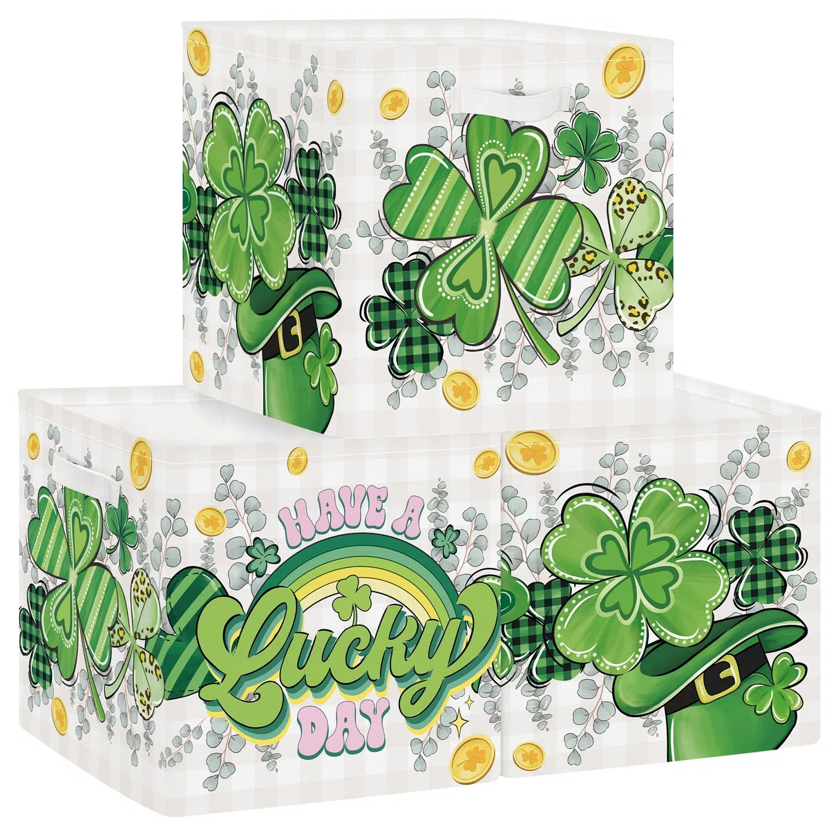 Clastyle Juego de 3 Cubos de Almacenamiento Día de San Patricio Caja Organizadoras de Almacenaje Juguetes Libro para Infantil Cubo de Almacenaje Armario para Ropa Niño Niña, Trébol, 30x30x30 cm