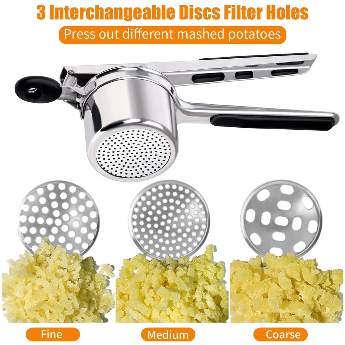 Machacador de Patatas con 3 Discos Intercambiables, Triturador Papas Acero Inoxidable Profesionales, Exprimidor Zumos Mermelada, Prensador para Puré Patatas, Bebés Frutas, Verduras, Receta Alimentos