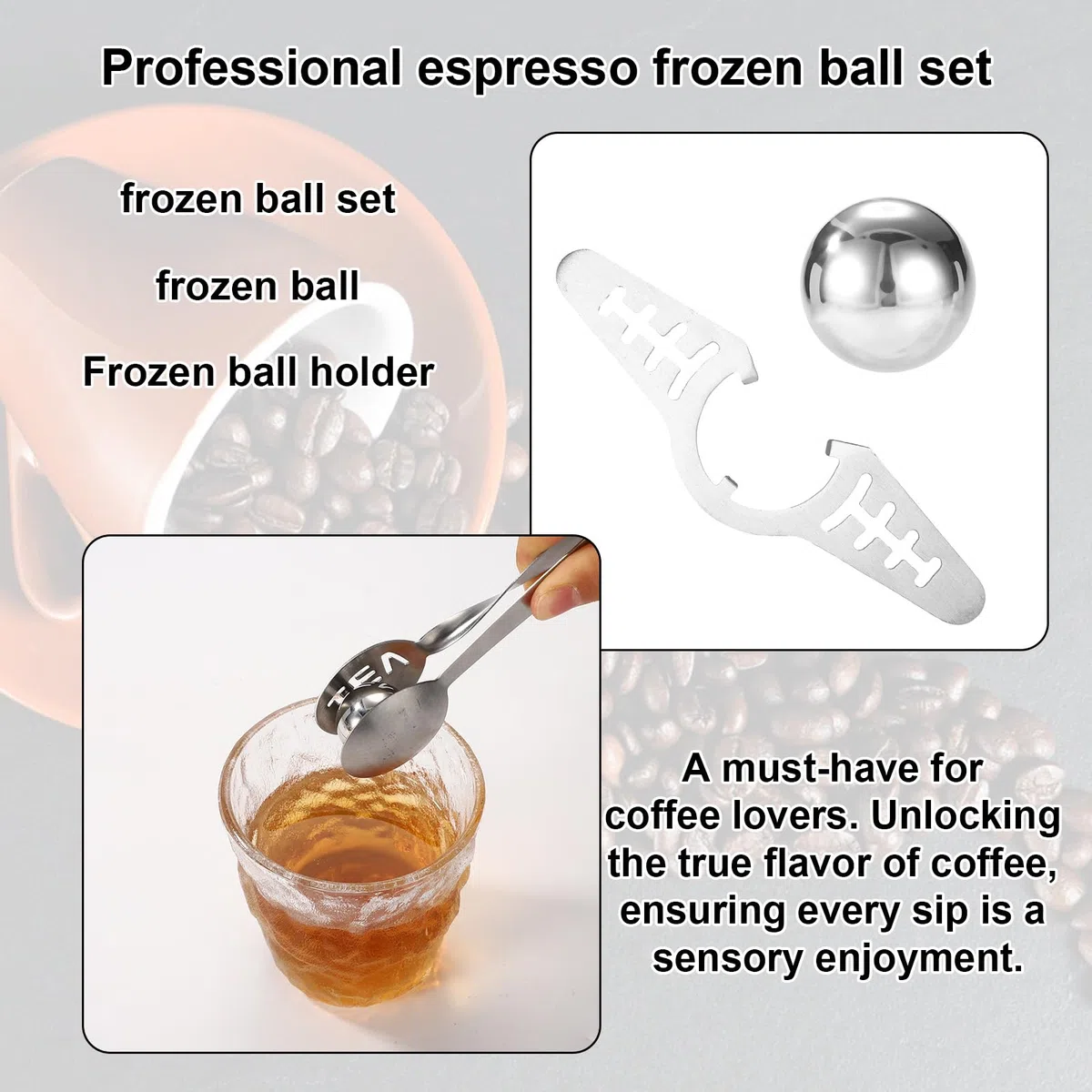 Bola Enfriamiento Cafe Kit, Acero Inoxidable Bola de Hielo Cafe con Soporte Reutilizable Herramienta de Enfriamiento Sin Dilución para Bourbon Cócteles y Whisky Escocés