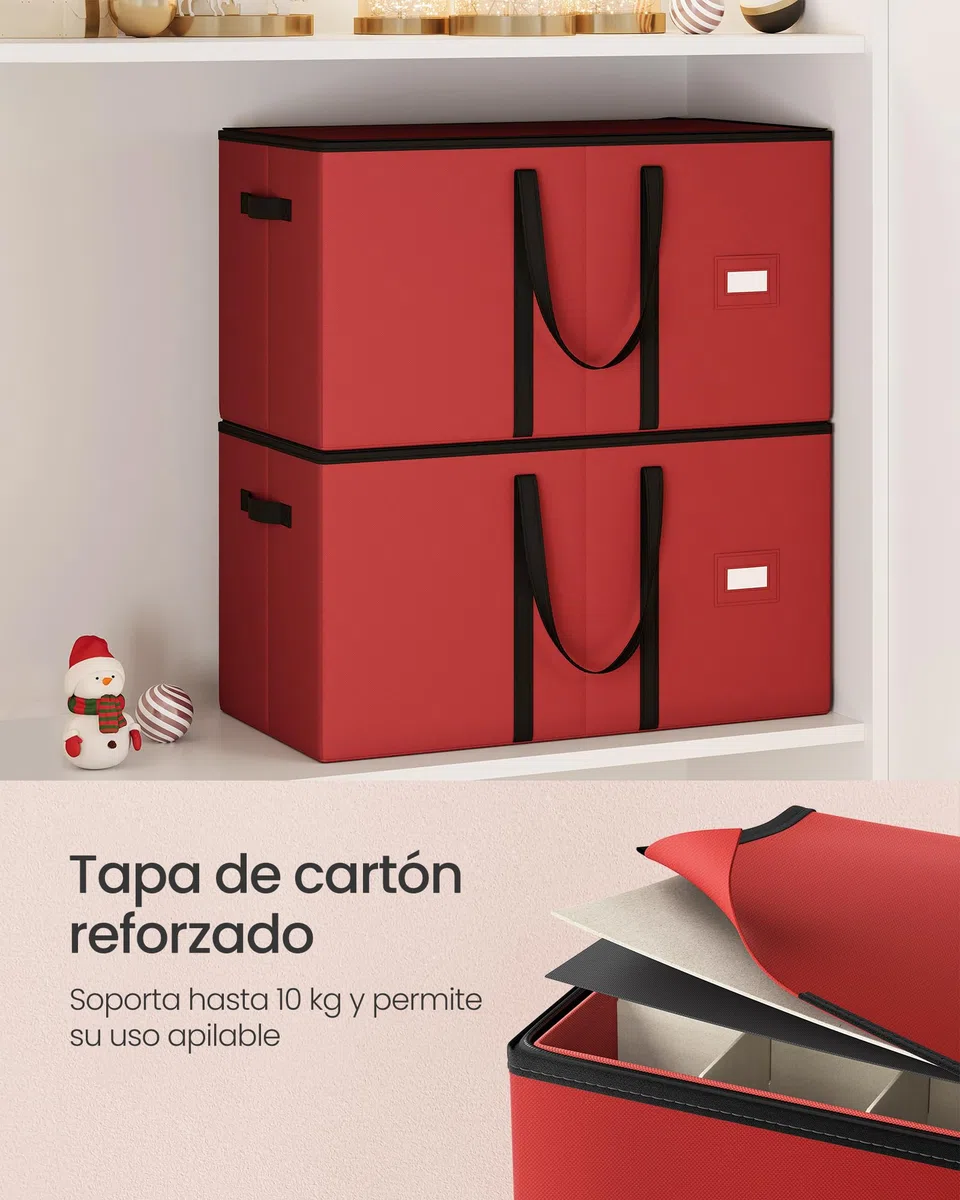 SONGMICS Caja Almacenaje de Adornos Navideños, 7,6 cm 128 Ranuras, Caja Apilable para Adornos Navideños con Tapa, Cremallera Doble, Separadores Ajustables, Tela no Tejida, Rojo Cereza RFB039R01