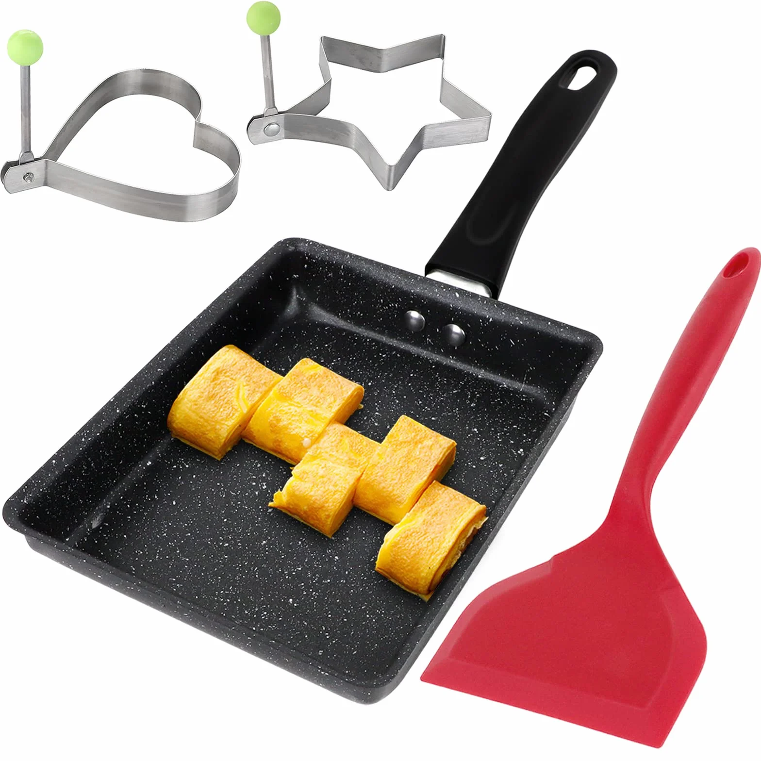 Bandeja de tortilla japonesa, bandeja de huevo mini rectángulo con espátula de silicona ancha y 2 anillos de huevo fritos, herramientas de cocina de cocina para el hogar de tamagoyaki antiadherente