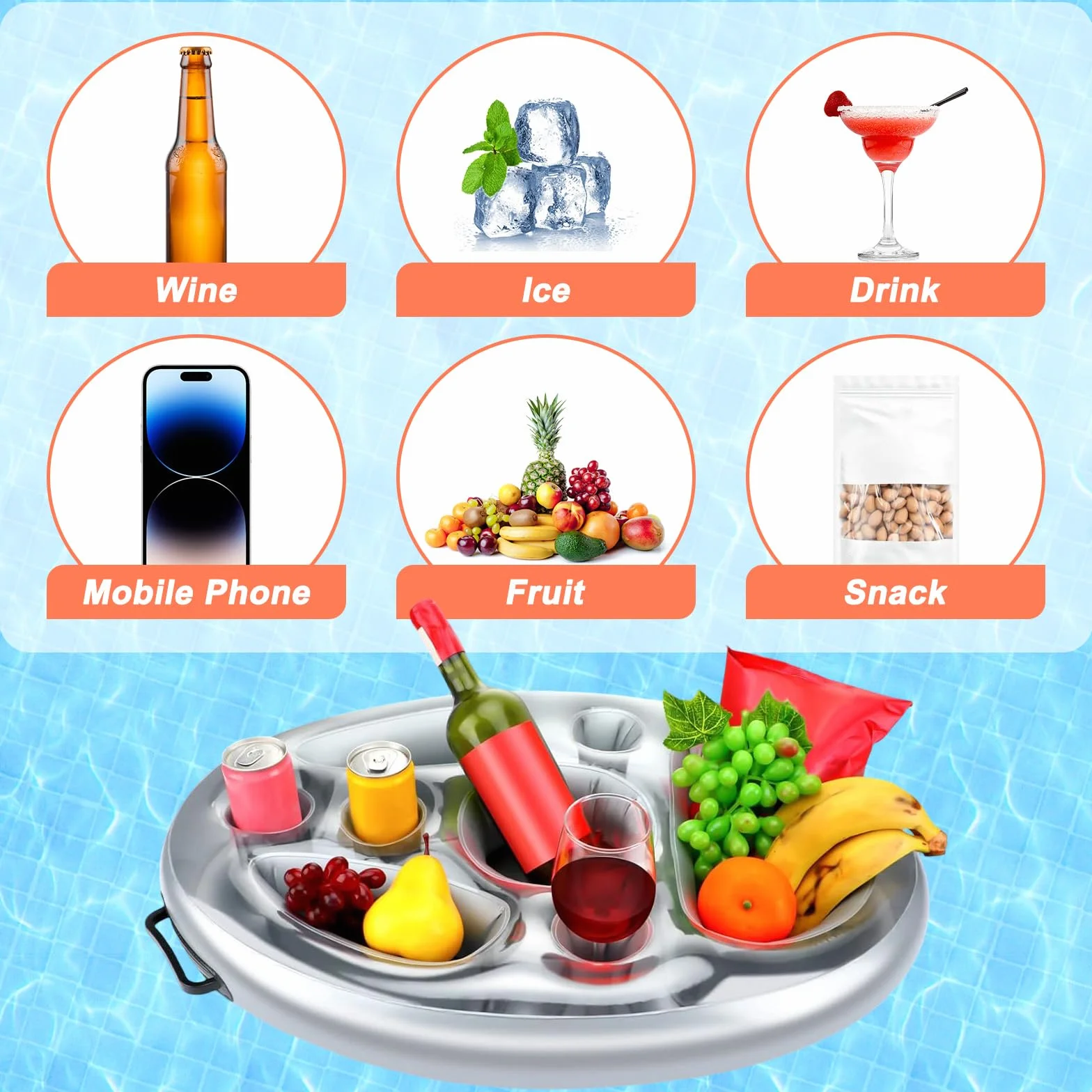 Posavasos Flotante Bebidas Bocadillos Piscina 2 en 1,Portavasos Servidor Buffet Inflable 8 Agujeros,Soporte Bandeja Hinchable Gran Capacidad,Titular SPA Piscinapara Verano,Mesa Fiesta Frutas Bar Playa