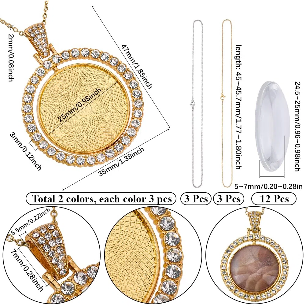 1 caja de 24 bandejas de Diamantes de Imitación para Colgantes, Bandejas de Bisel de 25mm con Cabujones de Vidrio, Cadenas de Acero Inoxidable, Bandeja Giratoria En Blanco de Doble Cara para