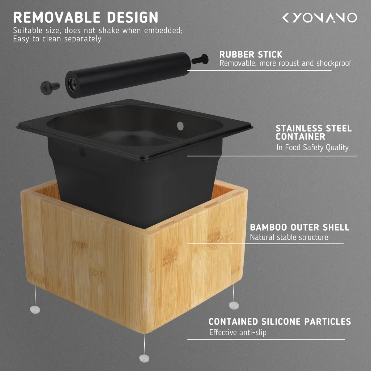 KYONANO Caja de café con barra de golpes y base antideslizante, hecha de bambú y acero inoxidable, caja de café molido
