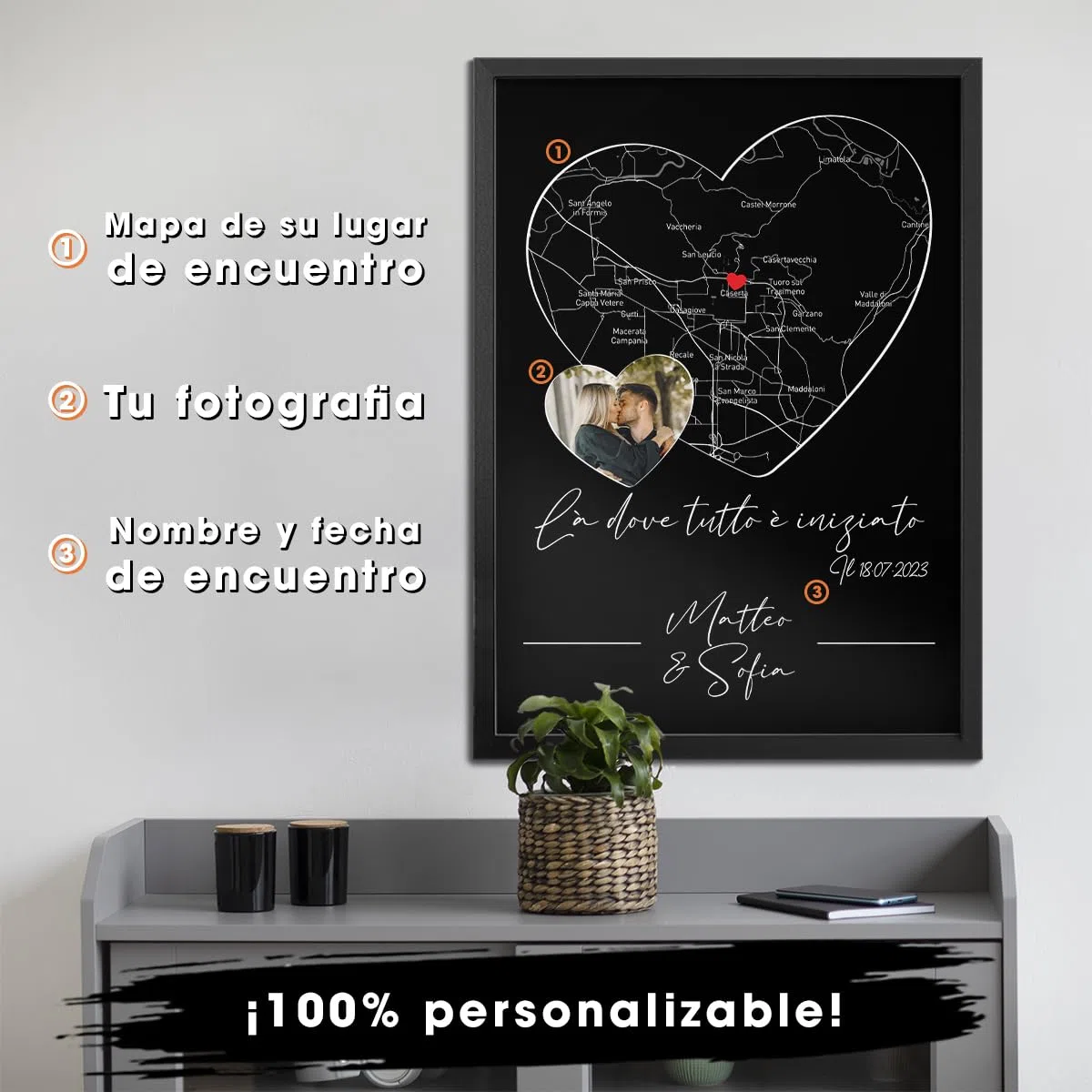 Póster personalizado pareja Corazón Donde todo comenzó, Lugar de encuentro, fecha de encuentro, foto y texto personalizable, regalo Hombre Mujer, San Valentín, Enamorados, Regalo pareja