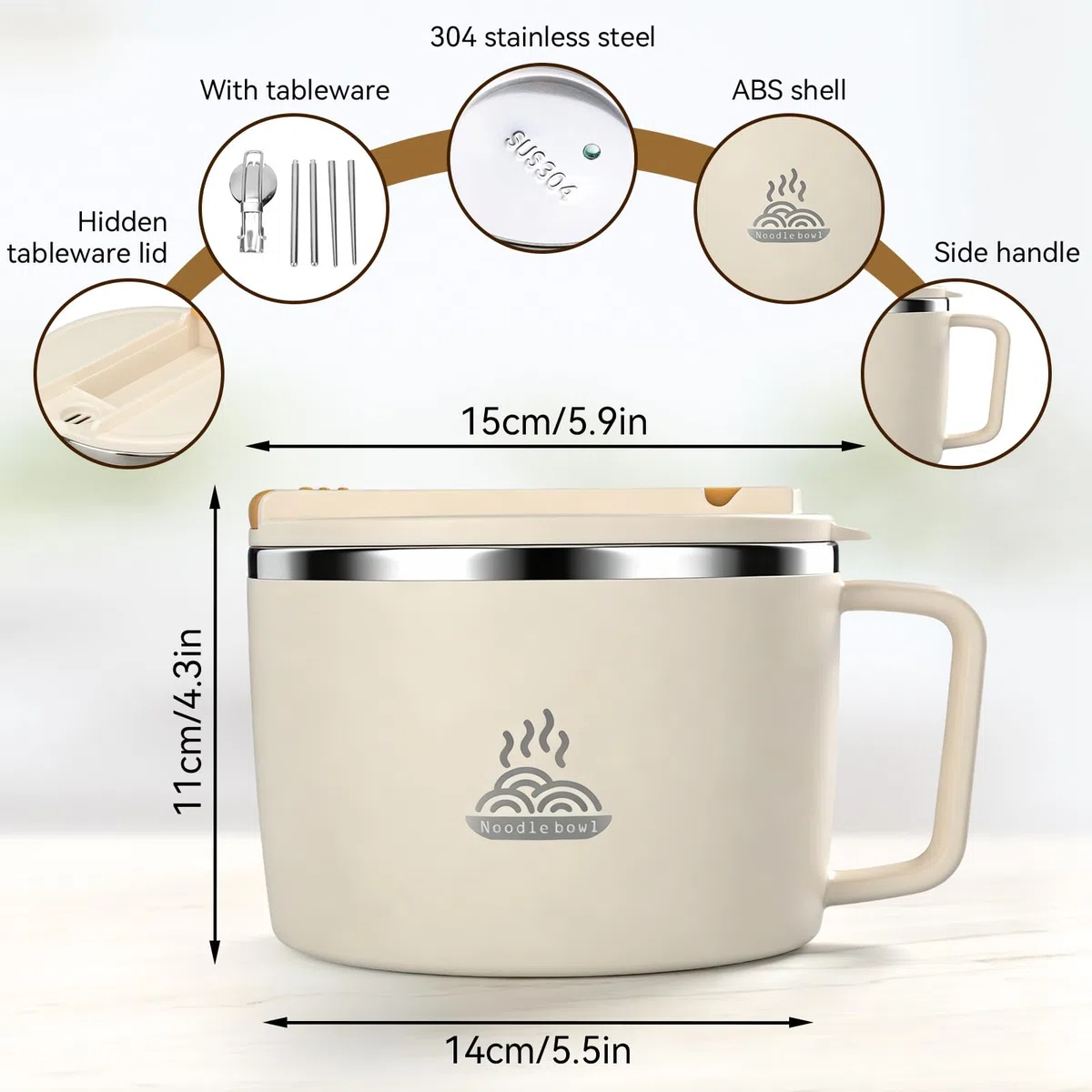 Juego De Cuencos De Ramen Para Microondas, Cocina De Ramen Con Asas, Cuencos De Fideos Con Tapa Y Palillos, Juego De Cuencos De Cocina De Fideos De 1200 Ml, Cuenco De Sopa Grande, Apto(blanco)