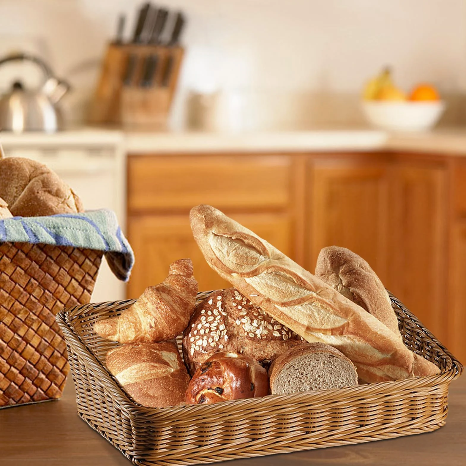 Generisch Cesta de almacenamiento de ratán, 40 x 30 x 12 cm, rectangular, multicolor, para guardar frutas y pan, cestas de baño, artículos de cocina y decoración