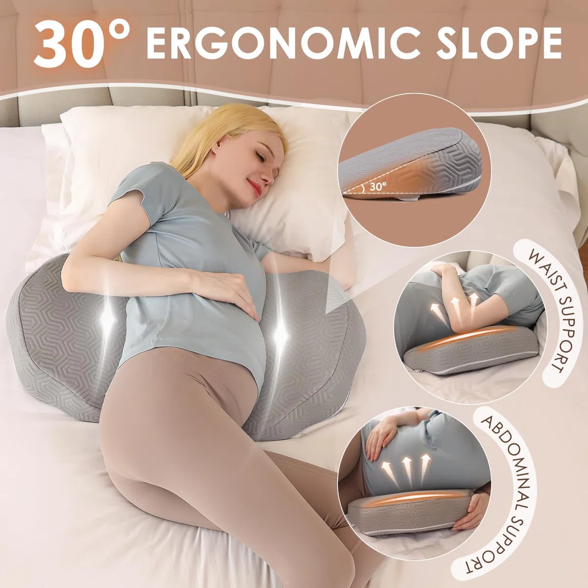 Chilling Home Almohada de Embarazo para Dormir, Almohada de Embarazo de Espuma Viscoelástica para Estómago,Espalda, Almohada Corporal Ajustable y Portátil para Personas Que Duermen de Lado (Gris)