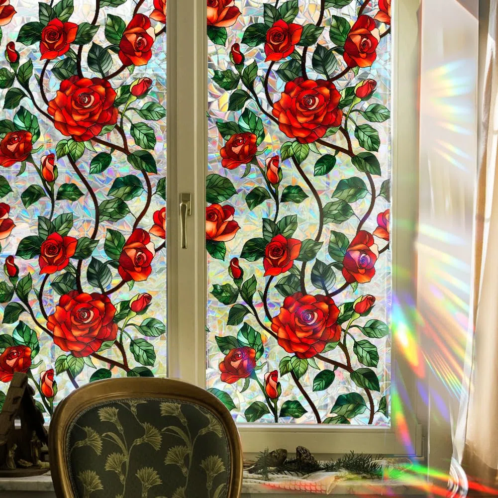 GORGECRAFT Película de Privacidad para Ventana con Diseño de Arcoíris Y Rosas de 100x43cm con Flores Rojas Bloqueador Solar No Adhesiva para Vidrio de Ventana 3D Estática Resistente A los Rayos UV