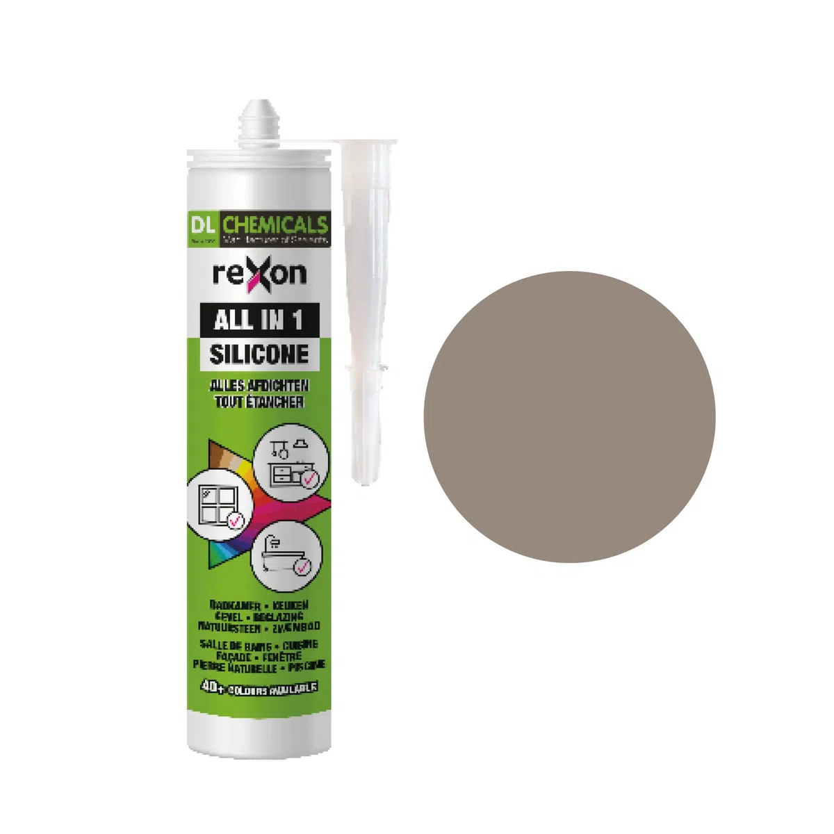 Sellador de silicona multiusos REXON - Taupe - Sanitarios/Baño y cocina/Azulejos/Construcción - Exterior e interior - Apto para madera, piedra y vidrio (290 ml)