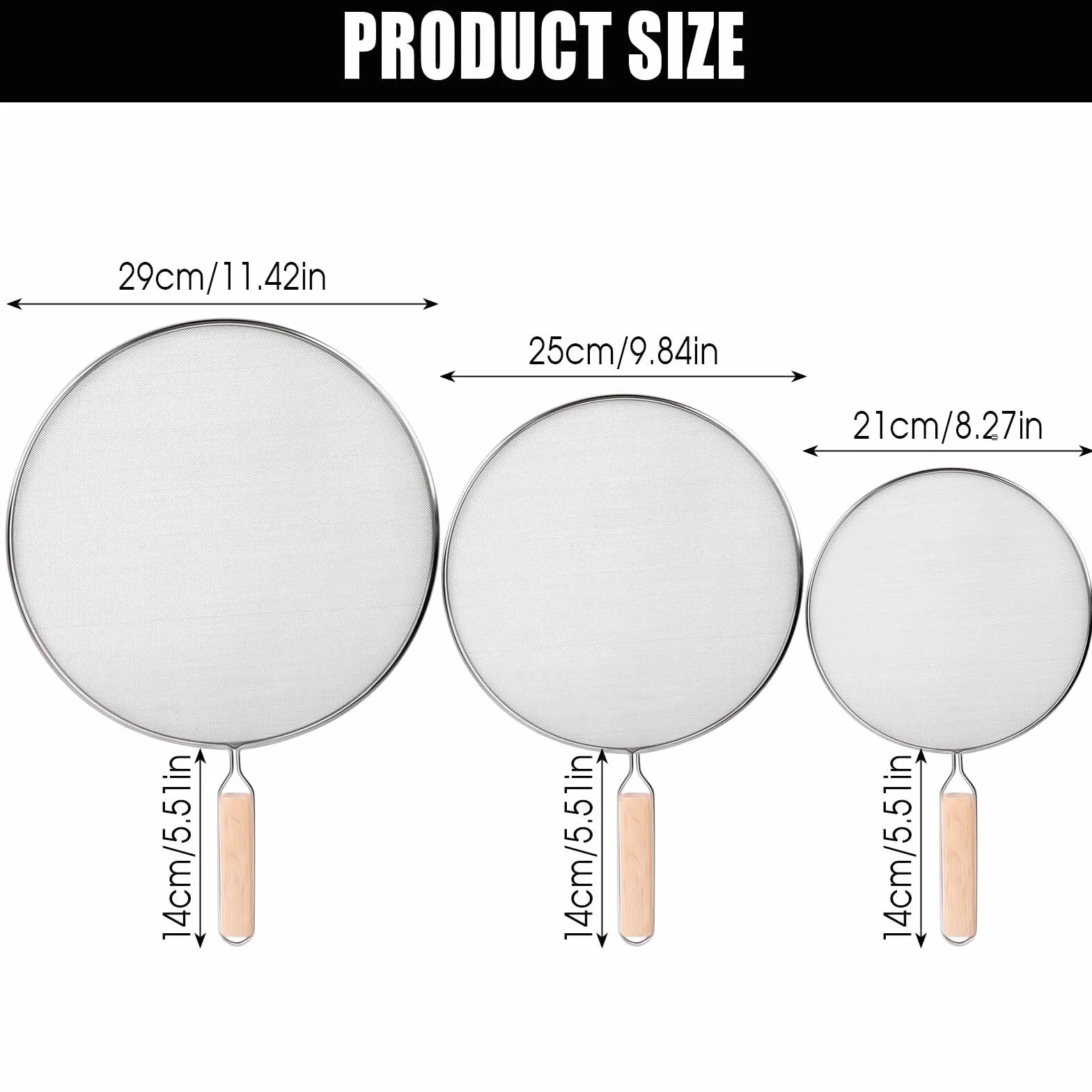Dadabig 3 Piezas Tapa Antideslizante, Protector Pantalla Antisalpicaduras de Acero Inoxidable 304, Protector Salpicaduras con Mango, 21cm, 25cm, 29cm