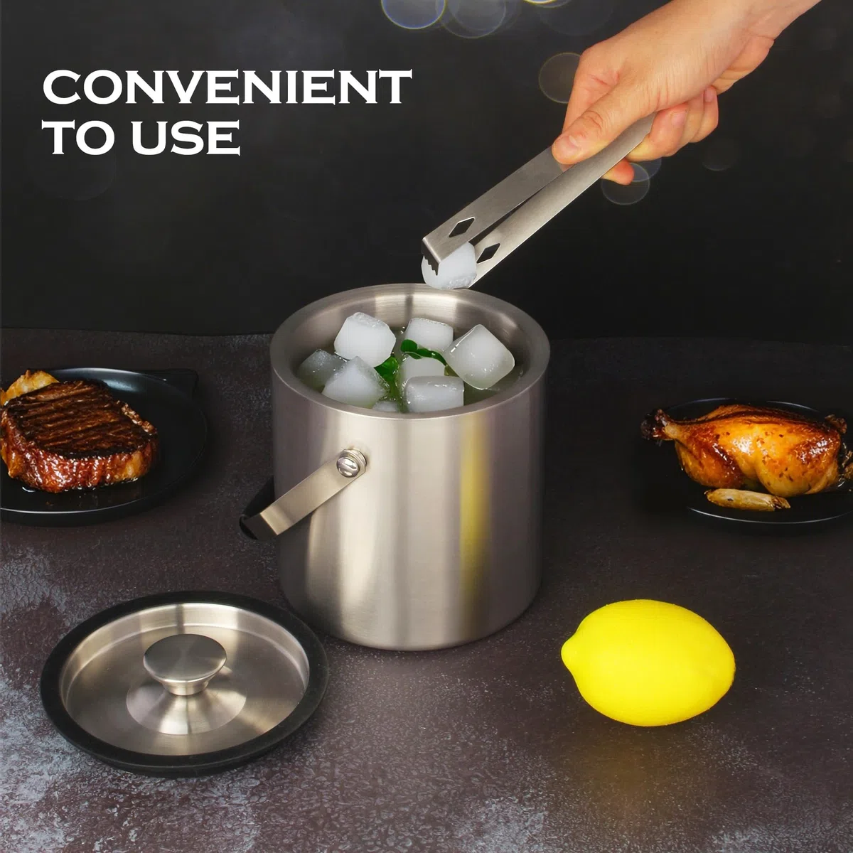 Contenedor de hielo de 2 L, contenedor de hielo de acero inoxidable de 2 L, cubo de hielo de acero inoxidable, de doble pared, contenedor de hielo con aislamiento de doble pared