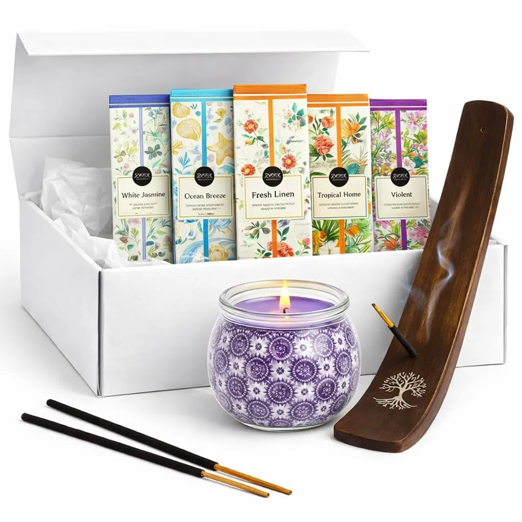 Set de Incienso Natural 100 Varillas (5 Aromas Diferentes) + Vela perfumada + Quemador de Incienso de Madera – Kit Regalo aromaterapia Fabricado en India para meditación y relajación en casa