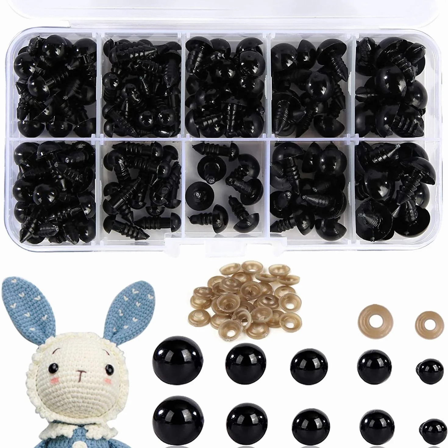 Ojos de Seguridad para Animales de Ganchillo, 100 Unidades de Plástico para Peluches y Muñecas, Con Arandelas para Manualidades (6-12 mm)