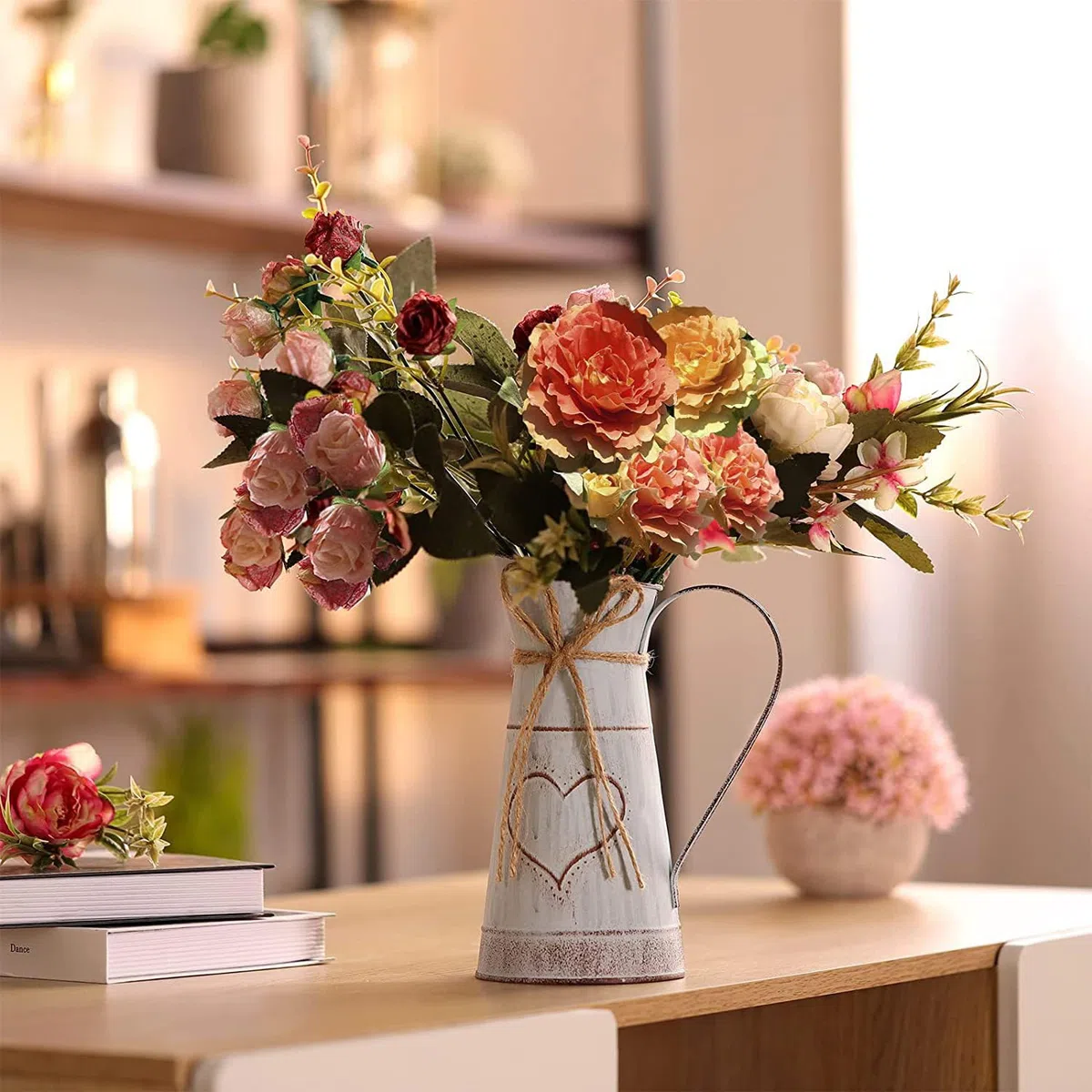 Jarrón Decorativo Rústico de Metal, Diseño Único en Forma de Corazón y Cuerda, Galvanizado, para Flores, Cactus, San Valentín, Balcón, Salón, Decoración de Mesa (Tuba)