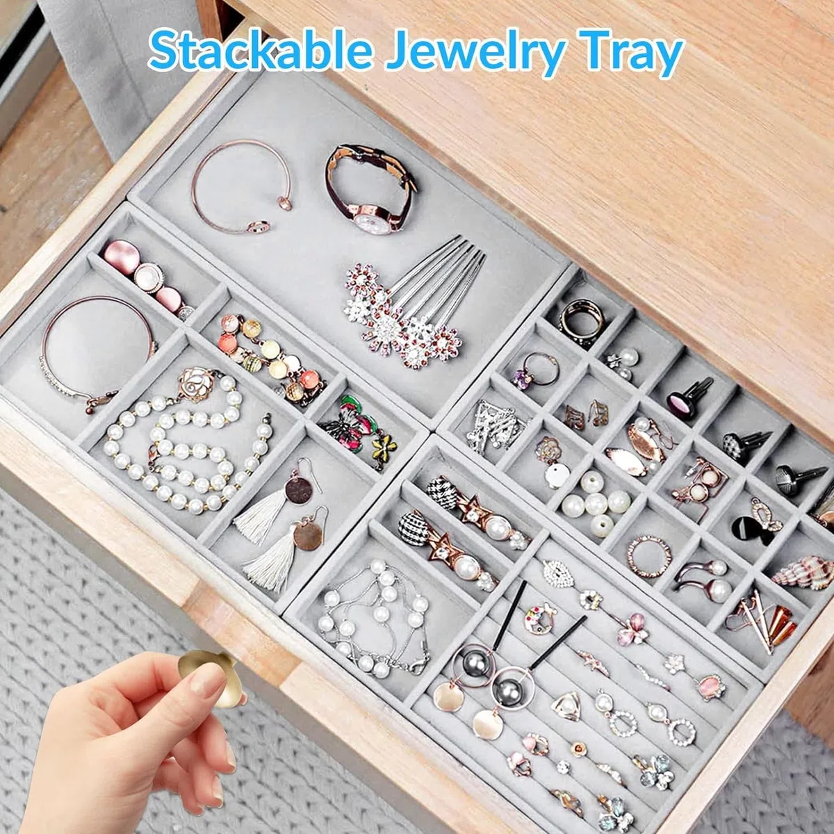 5Pcs Bandejas de Joyería,Bandeja de Terciopelo Apilables de Joyas,6/3/18/0cuadrículas,Bandeja Almacenamiento de Joyas Organizador deJoyas para Mujer y Niña,Joyas Anillos Pulseras Relojes-Gris