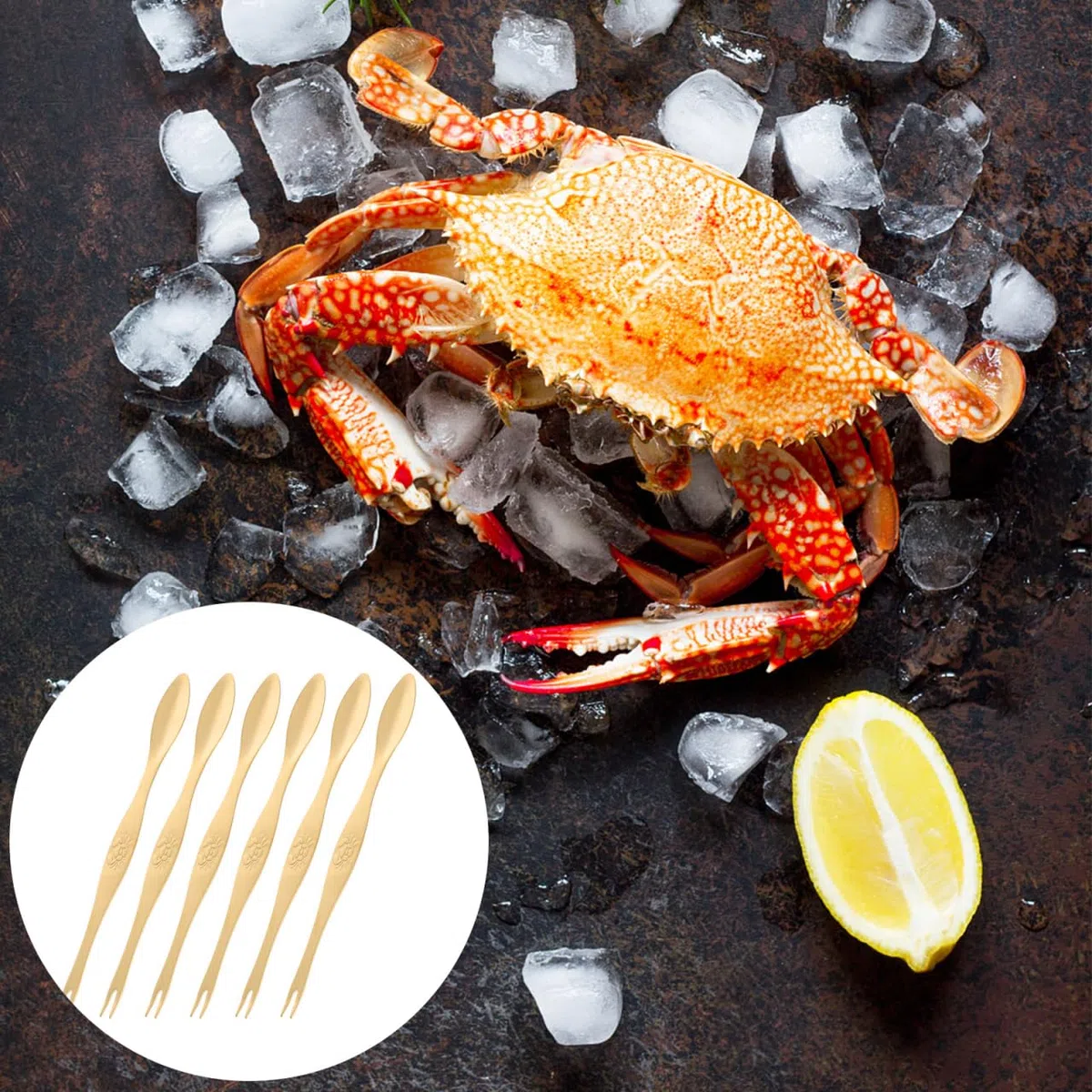 Housoutil 6 Piezas 304 Tenedor Cuchara Cangrejo Cuchara De Mariscos Galletas De Marisco Profesionales Galletas De Marisco y Herramientas Picos De Nuez Cabeza Doble Cuchillo y Tenedor