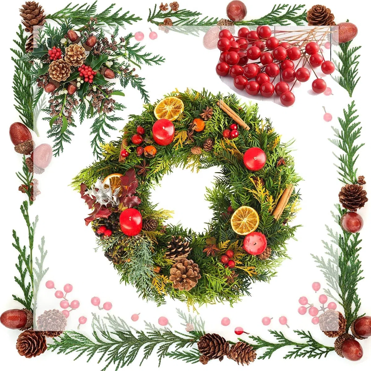 LATERN 225 Piezas Decoraciones para Coronas Navideñas, 20 Rodajas de Naranja, 20 Palos de Canela, 10 Piñas, 10 Anís Estrellado, 10 Bellotas, 155 Frutos Rojos - para Navideñas Fiestas Decoración