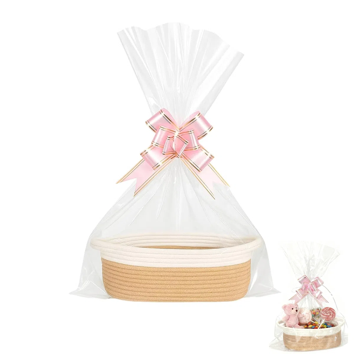 Cesta de Presentación Vacía,Cesta Trenzada con Bolsa de Regalo y Cinta,Cesta de Almacenamiento para Pascua,Baby Shower,Cumpleaños,Boda,Navidad(Caqui)