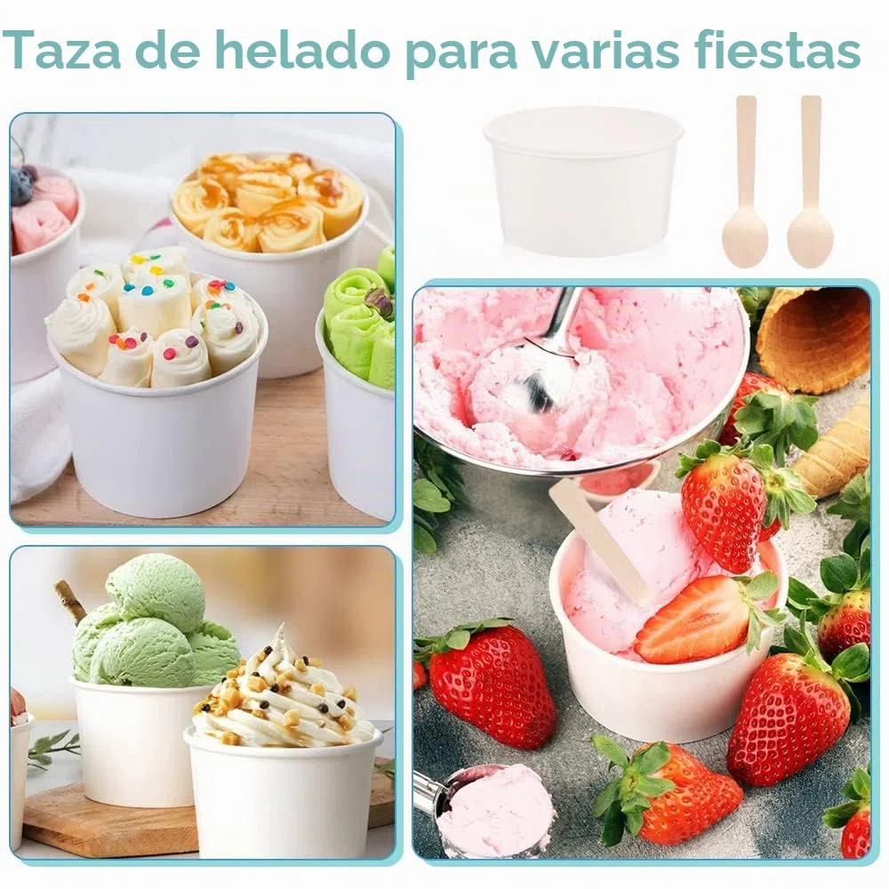 REFORUNG Helados de cartón 50 unidades ecológicos universales de cartón desechables 240 ml desechables vasos de papel con 50 cucharas de madera para helado, yogur congelado, sopa, blanco
