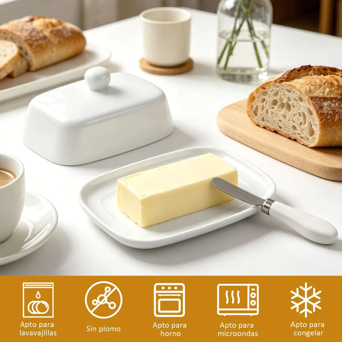 Mantequera de cerámica – Mantequera de porcelana blanca para mantequilla de 250 g, con tapa para mantener fresco