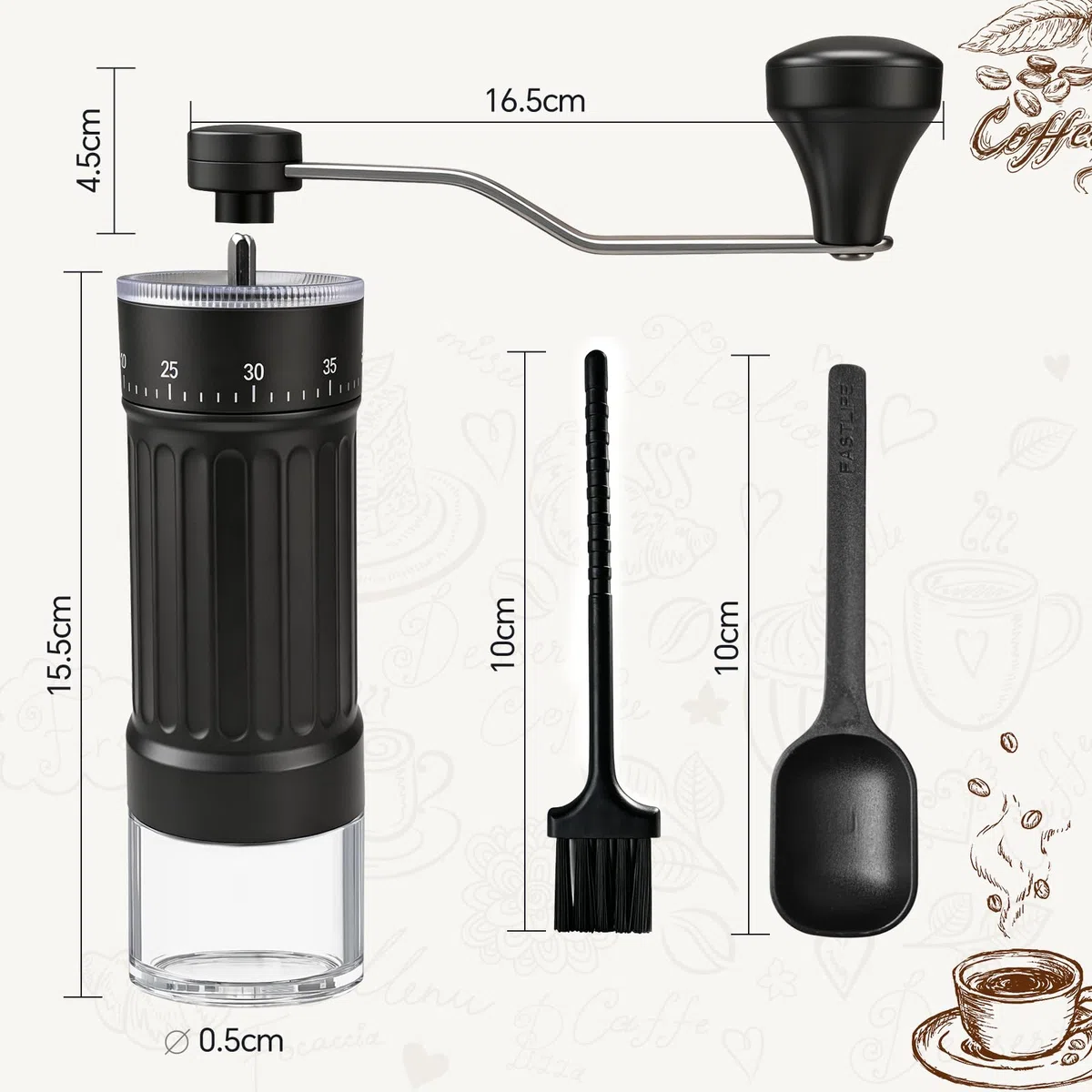 Molinillo de café manual, Molinillo portátil de mano con cuchara, cepillo y bolsa de transporte, cuenta con 40 ajustes externos de molienda, Ideal para preparar espresso y café de vertido