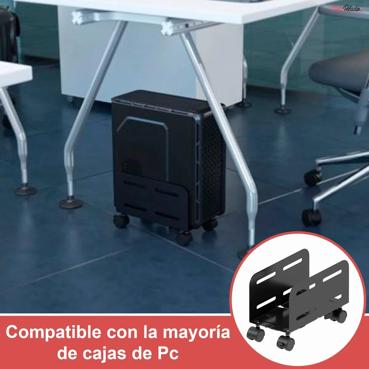 CABLEPELADO - Soporte para CPU de Suelo con 4 Ruedas (2 con Freno) | Carrito Ajustable para Torre PC (119-209mm) | Carga Máx. 10kg | Negro
