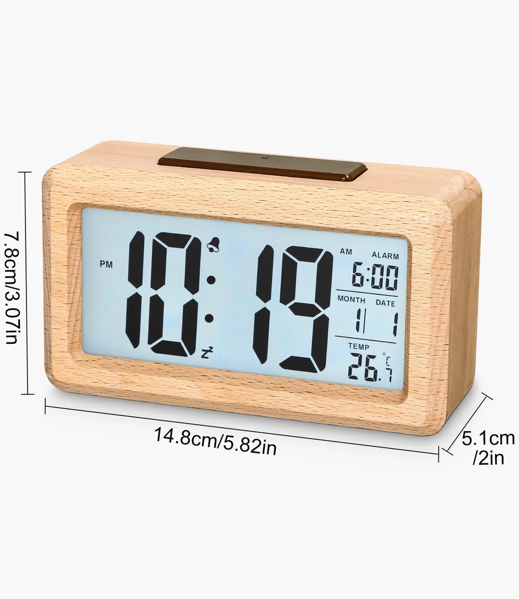 Despertador Digital, Despertador de Madera con Gran Pantalla, Reloj de sobremesa con módulos sensores, Reloj Digital con módulos Snooze, 12/24 Horas, Fecha, visualización de Temperatura,