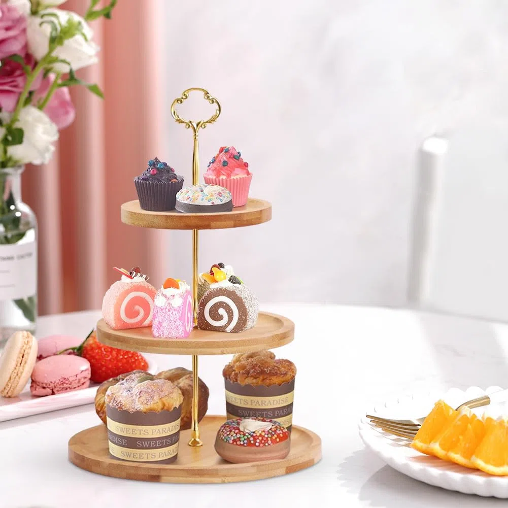 Soporte Para Tartas de Madera, 3 Niveles, Soporte Tarta, Soporte Redondo para Postres, Frutas y Tartas, con Mango de Metal, para Fiestas de Cumpleaños, Bodas, Té de la Tarde