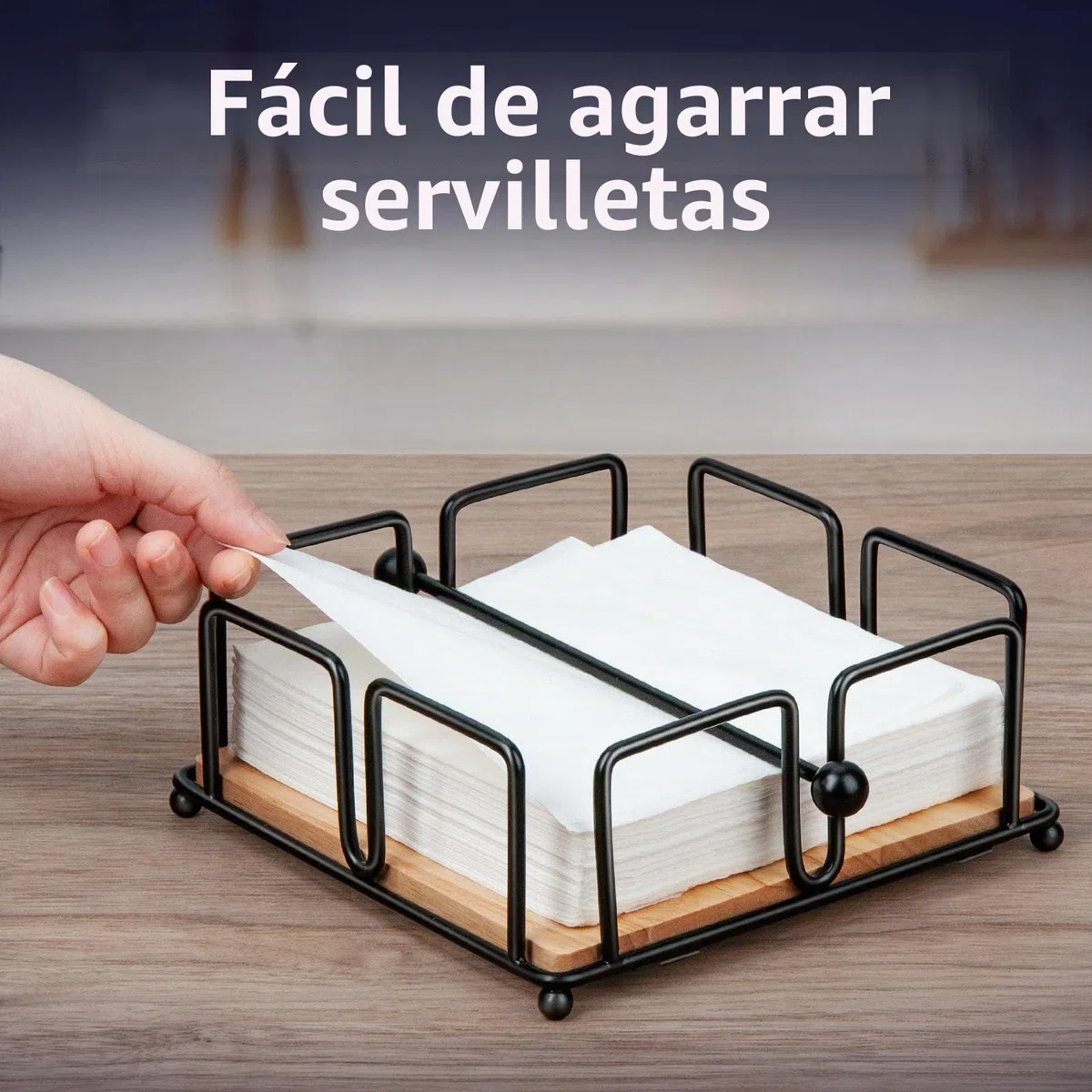 Servilletero de Metal para Bar, Portaservilletas Plano de Mesa con Brazo Lastrado, Dispensador Servilletas Decorativas con Base de Madera para Cocktail, Soporte Servilletas de Hierro (Negro)
