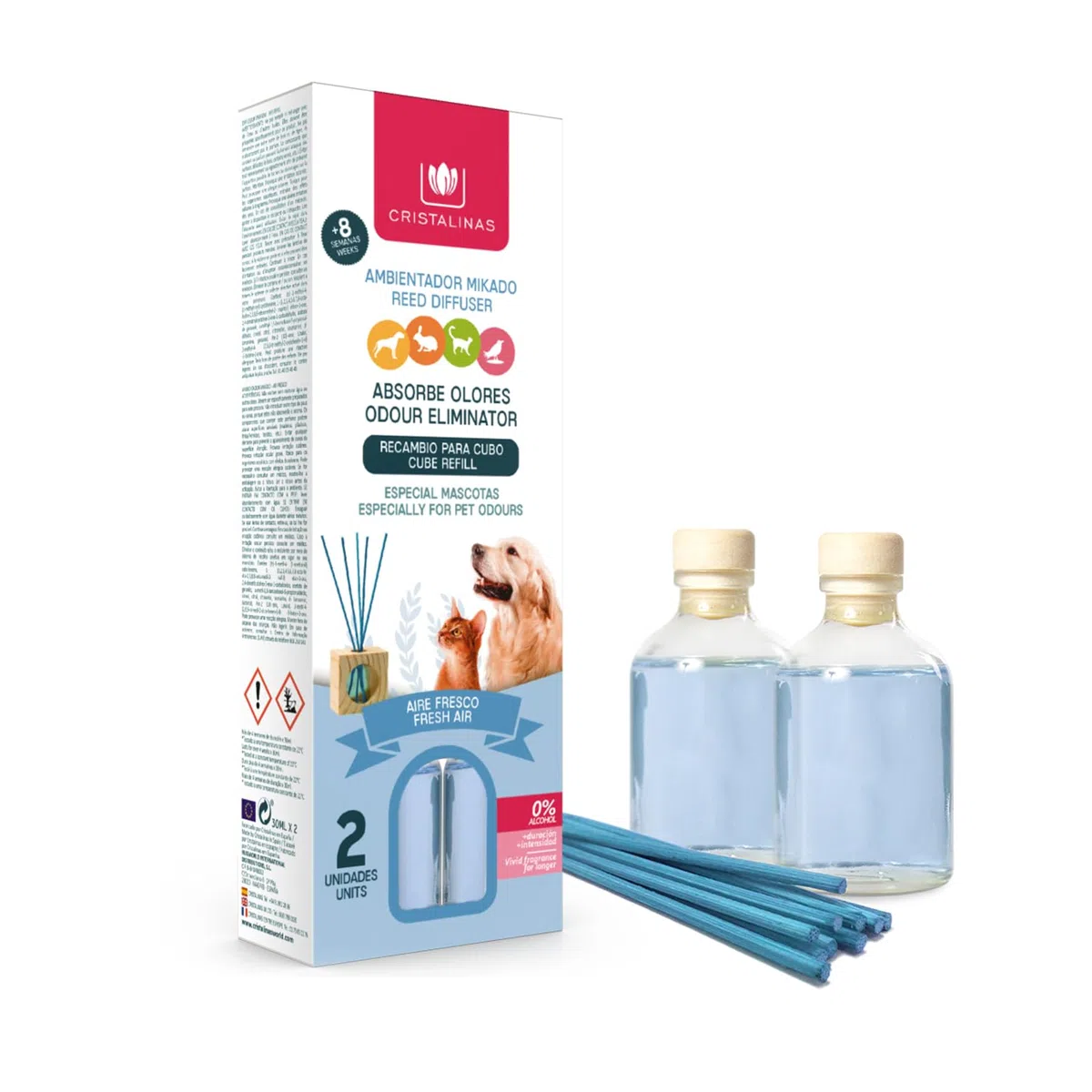 CRISTALINAS. Recambios Ambientador & Absorbe Olor Mikado para Mascotas. 0% Alcohol. Mas de 4+4 semanas de duracion. 2x30 ml. Aroma (Aire Fresco) (Pack Dúo)