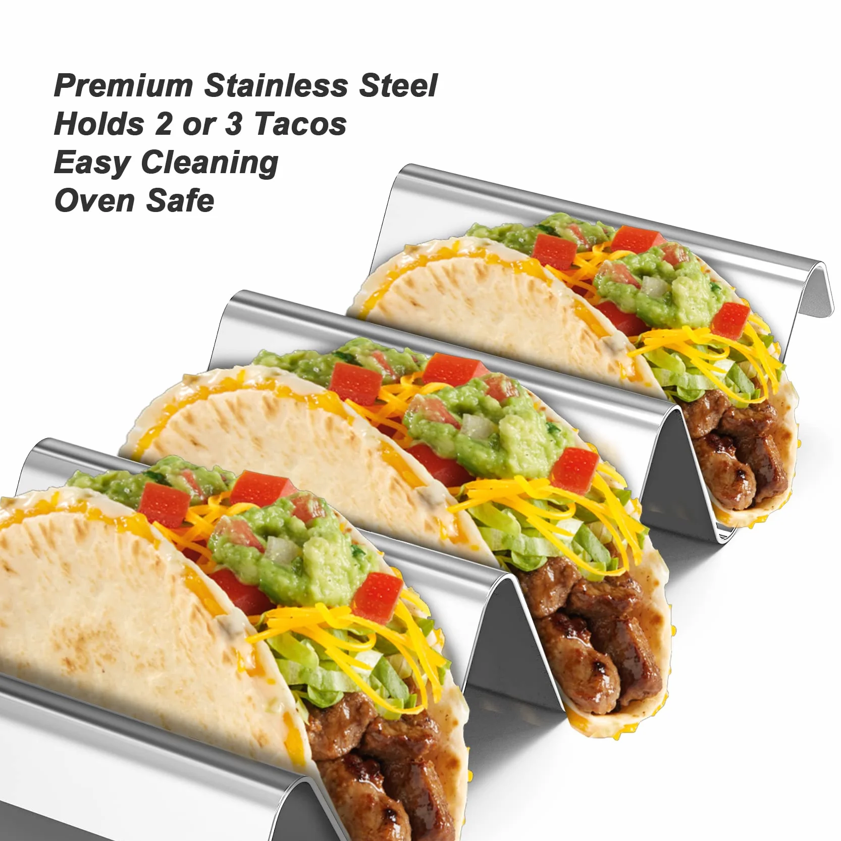 onlyfire Soporte de taco de acero inoxidable, 4 bandejas de taco sólidas con asas