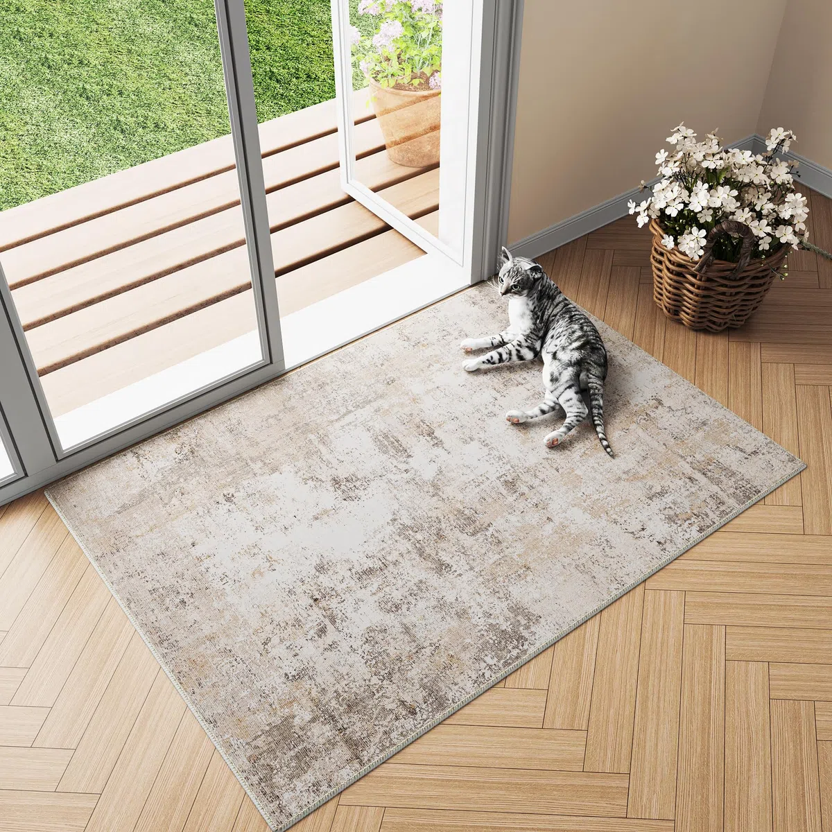 HUGEAR Alfombra Entrada Casa Alfombras 60x90cm Beige Gris Antideslizante Lavable Lavadora Moderna Abstractas Pequeña Carpete Habitacion Dormitorio Comedor Cocina Pelo Corto Tapete