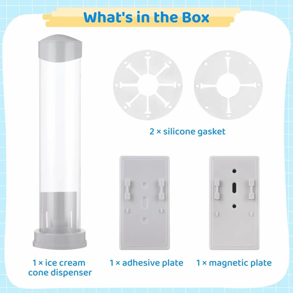 Dispensador de Conos de Helado, Soporte para Conos de Waffle, Tubo de Plástico para Almacenar Conos de Waffle con Placa Magnética y Placa Adhesiva.