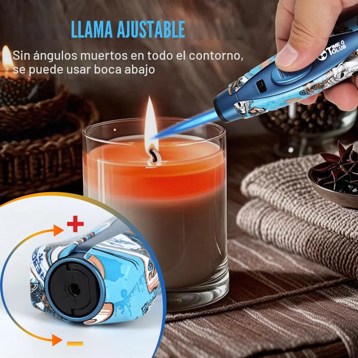 Quemador de butano, quemador de butano recargable con cierre de seguridad, llama ajustable, quemador de cocina, diseño a prueba de viento, cocinar, exterior, barbacoa (butano no incluido) (azul)