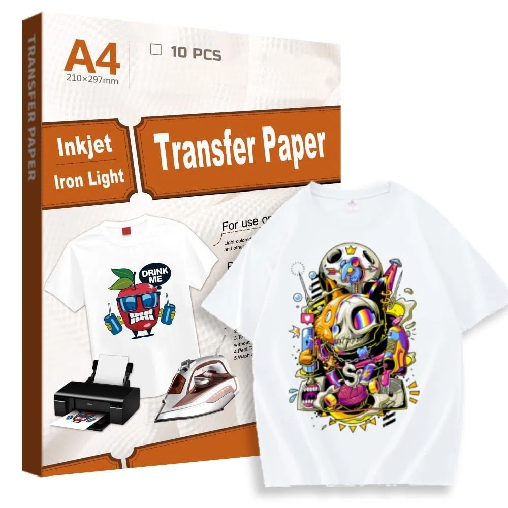 Papel de Transferencia para Tejidos Claros, Papeles Transfer para Camisetas Blancas A4, Película de Transferencia Térmica para Inyección Tinta (10 Hojas Estándar)