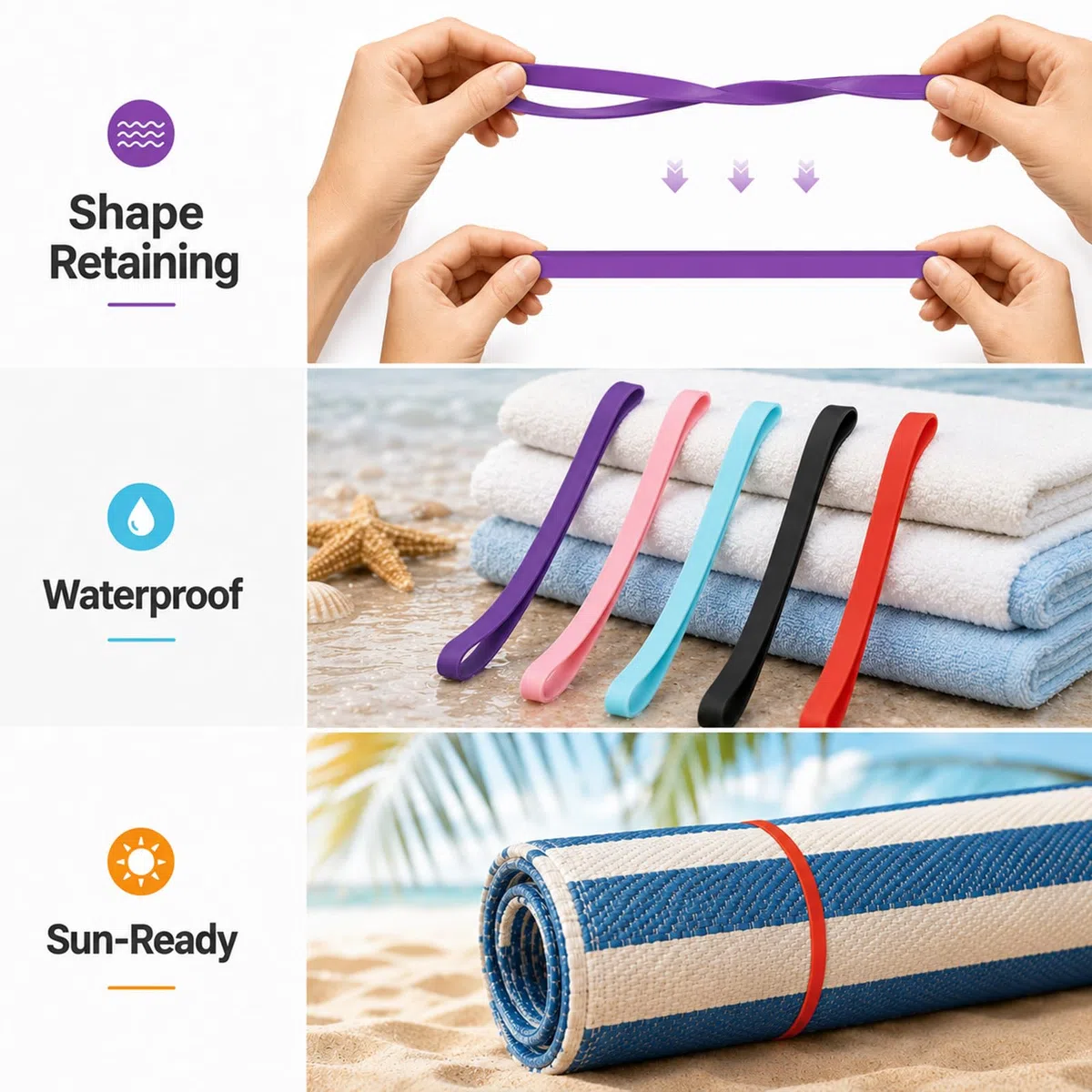 10 Piezas Accesorios Playa de Silicona, Cinta para Toalla para Fijación Segura, Compactas y Resistentes, Elásticas para Sillas para Viaje, Piscina, Todos Usuarios (10Piezas)