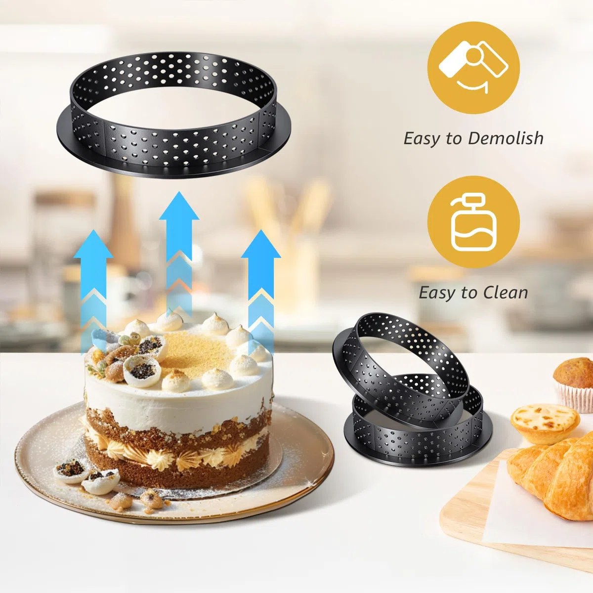 10 Piezas Aros Perforados Tartaletas, Aros para Tartaletas Redondos y Ovalados con Orificios de Ventilación, Moldes de Mousse Perforados, para tartas de frutas, quiches, mousse, kuChe para hornear
