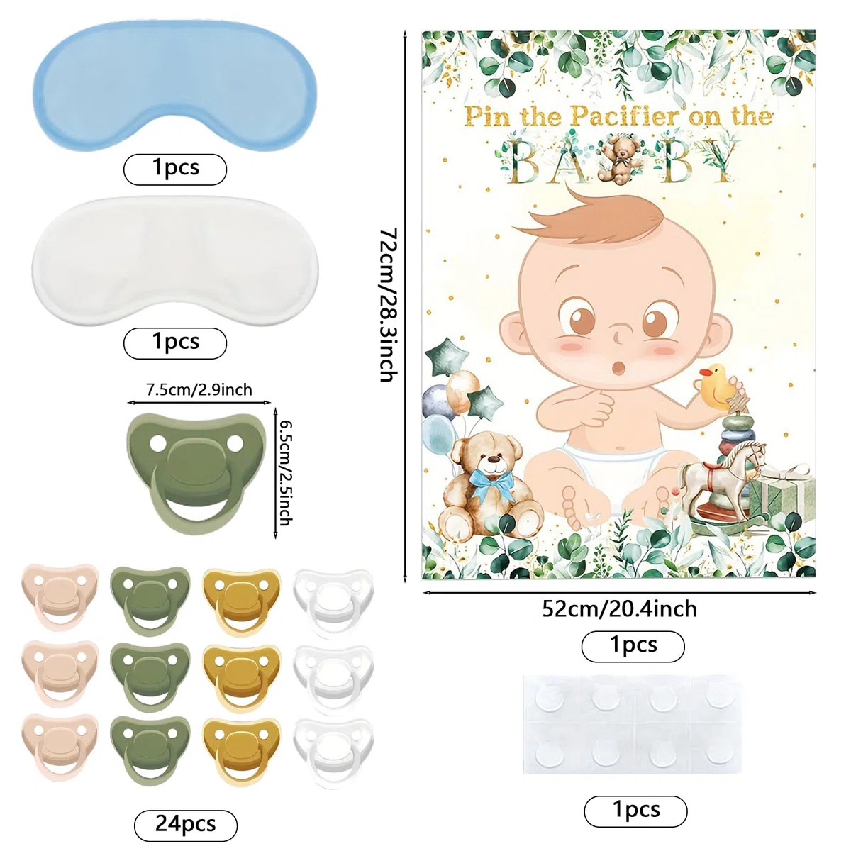 Juego de juegos de baby shower, póster con 2 vendas para los ojos y 24 calcomanías para chupete, decoración verde salvia