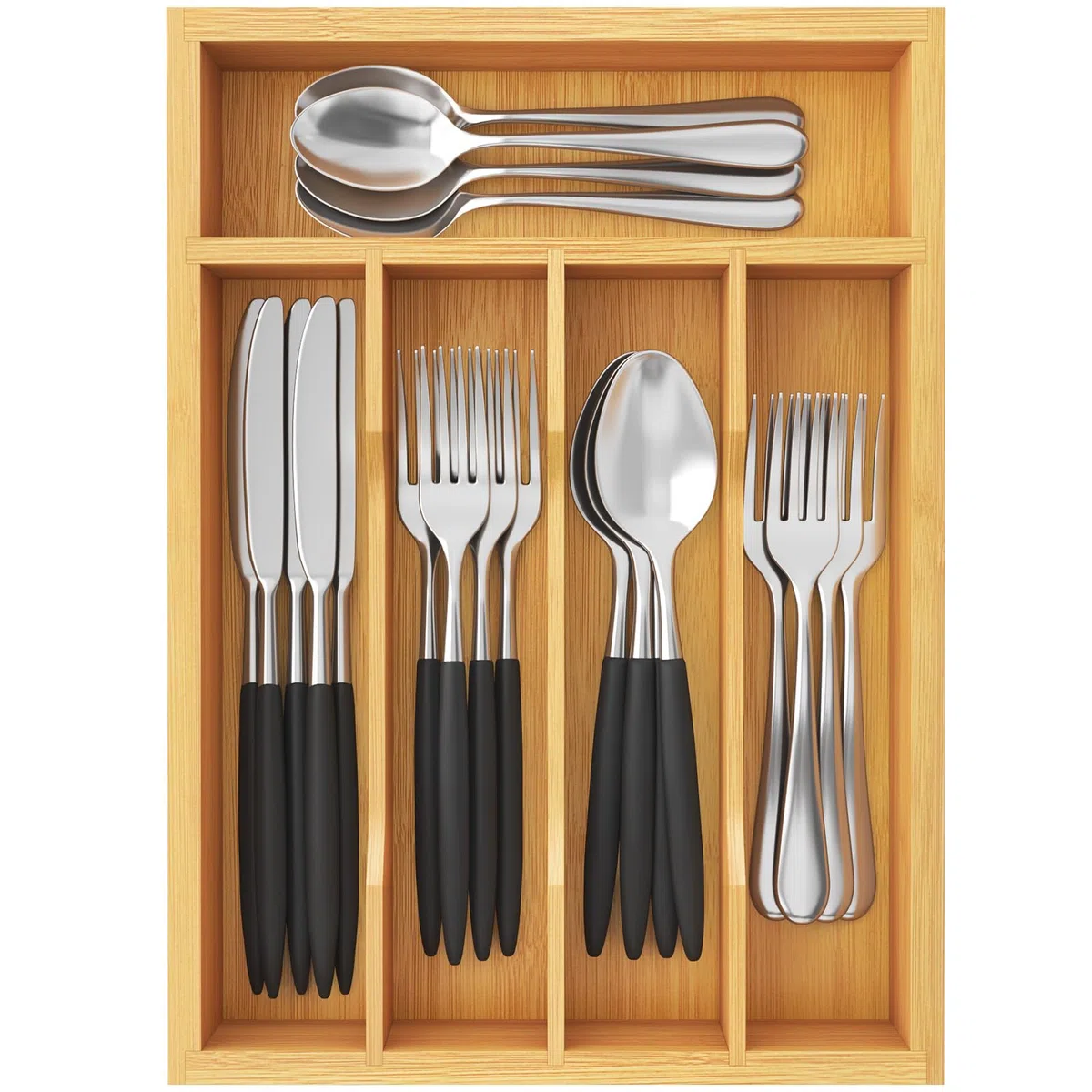 Lifewit Bandeja para Cubiertos, Organizador Cajones de Cubertos de Bambú, Cocina Organizador de Cubertería Compacto para Cucharas, Tenedores, Utensilios, Cuchillos, 5 Compartimentos, Natural