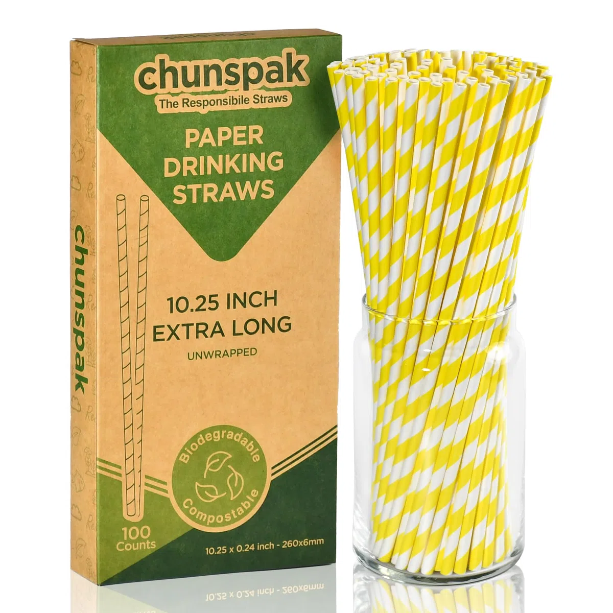 Pajitas de papel desechables a rayas amarillas y blancas - 26 x 0,6 cm, 100 unidades, para refrescos, jugos y botellas altas - 100% biodegradables