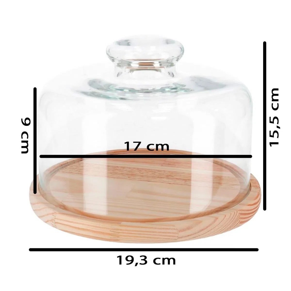 Tradineur - Quesera redonda con base de madera y tapa de cristal, recipiente para guardar quesos o embutidos, presentación de alimentos, 19,3 x 9 cm